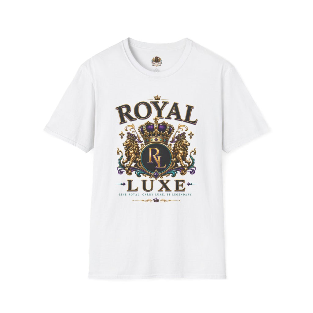 A white short-sleeve crewneck t-shirt featuring a large graphic print on the front with the words 'ROYAL LUXE' and an ornate crest design with lions and a crown.