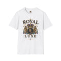 A white short-sleeve crewneck t-shirt featuring a large graphic print on the front with the words 'ROYAL LUXE' and an ornate crest design with lions and a crown.